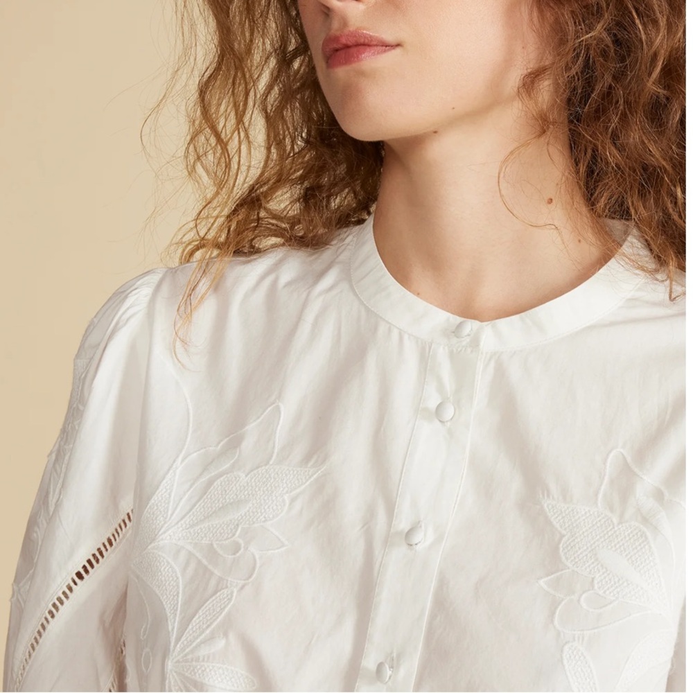 Amour Vert Angelique white embroidered button down collarless poplin blouse XL - Picture 4 of 13